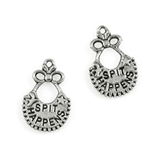 Hanger slabbetje met text Spit Happens antiek zilver